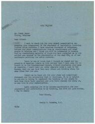 ["The document is a letter from Congressman George B. Schwabe to Frank Cason, thanking him for expressing disapproval of legislation involving price controls. Schwabe mentions that the majority of constituents are opposed to price controls and that he has included Cason's communication in the Congressional Record. Cason also sends a message urging Schwabe to continue fighting against the OPA, as the country cannot handle another year under its rules."]