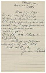 ["The document is addressed to Mr. Schwabe and is from John Streat, who is interested in old agricultural pensions. He mentions that pensions are coming directly from Washington and asks Mr. Schwabe to support a bill. The document is dated December 29, 1945 and signed by John Streat."]
