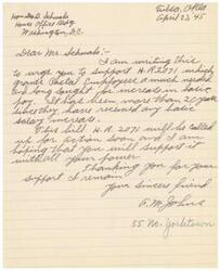 ["The document is written by a person named A.M. Johns to Honorable  Department. Schwabe on April 23, 1945, urging for support of H.R. 2071 which seeks an increase in basic grants for postal employees who have not received a salary increase in over 20 years. Johns asks for Schwabe's support in getting the bill passed quickly."]