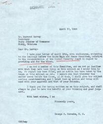 ["Mr. Raymond Harvey, Secretary of the Bixby Chamber of Commerce, wrote to Congressman George B. Schwabe regarding the recommendation of the Social Security Board to provide aid for the blind. The document expressed concern about potential losses for blind individuals if the recommendations were enacted into law. The document included recommendations for necessary amendments to Title X of the Social Security Act to provide adequate aid to the blind. Congressman Schwabe assured that he would give the subject serious consideration when it comes before the House."]