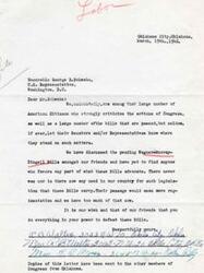 ["The document criticizes Congress for passing bills like the Wagner Murray-Dingell Bills and expresses opposition to the legislation. The writers urge their representative, George B. Schwabe, to do everything in his power to defeat the bills. Copies of the letter have been sent to other members of Congress from Oklahoma."]