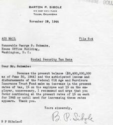 ["In a letter to Honorable George B. Schwabe, Barton P. Sibole recommends maintaining the current Social Security tax rate of 1% for both employees and employers in 1945, as the Federal Old Age and Survivors Insurance Trust Fund has a sufficient balance and anticipated income to support this."]