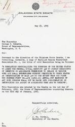 ["The document is a letter from the Secretary of the Oklahoma State Senate to George B. Schwabe, a member of the House of Representatives, regarding a resolution passed by the Senate requesting an amendment to the Federal Social Security Law. The resolution aims to allow recipients of benefits to engage in work and small enterprises without affecting their status as beneficiaries, up to a certain amount of annual earnings."]