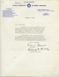 ["The document is a letter from the National Federation of Federal Employees expressing gratitude to a congressman for their support of Federal salary legislation passed by the 82nd Congress. The document thanks the congressman for their interest in legislation to improve Federal personnel administration."]