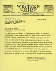 ["The document is a message sent to President Harry S. Truman urging Congress to balance the budget through spending cuts rather than price controls. It emphasizes the importance of economic freedom and competitive market prices in maintaining America's industrial pre-eminence. The message is signed by Wilford I. King, Chairman of the Committee for Constitutional Government, Inc."]