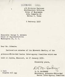 ["The document  is a letter enclosing the minutes of the Eleventh Meeting of the Arkansas-White-Red Basins Inter-Agency Committee held on January 17, 1952, in Joplin, Missouri. The meeting included representatives from various federal and state agencies. The minutes include discussions on meeting schedules, informal sessions, and the establishment of task groups. The Secretary recommended that certain actions be made a part of the minutes of the meeting."]