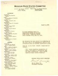 ["The document  is a letter from Governor Val Peterson to Congressman George B. Schwabe enclosing resolutions adopted at a flood control meeting held by the Missouri River States Committee. The resolutions call for federal appropriations to complete the Pick-Sloan plan of flood control in order to prevent a recurrence of the flood catastrophes experienced in 1951. The resolutions also call for immediate construction of various dams and flood control projects in the Missouri and Arkansas River basins."]