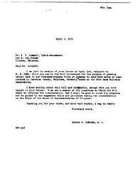 ["Mr. K.B. Cornell, a public accountant, wrote a letter to Congressman George B. Schwabe in support of House Bill H.R. 1631, which pertains to returning 9500 acres of land in Canadian County, Oklahoma back to the Cheyenne-Arapaho Tribe of Indians. Cornell emphasizes the importance of honoring treaties with Native American tribes and urges the Congressman to pass the bill. Congressman Schwabe responds that he will consider the arguments presented during the bill's consideration on the floor of the House of Representatives."]