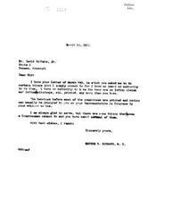 ["Mr. David DuShane, Jr. wrote to Congressman Schwabe requesting for the hearings on Indian claims and Indian attorneys to be printed at government expense and sent to all Indian tribes and their lawyers. Congressman Schwabe responded stating that he does not have the authority to do so and suggested that copies of the hearings can be obtained by writing to the Representative in Congress. Schwabe explained that there are some things even a Congressman cannot do, and expressed his willingness to serve but noted the limitations of his authority."]