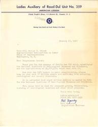 ["The Ladies Auxiliary of Rosol-Dul Unit No. 359, American Legion, is thanking Congressman Schwab for passing Public Law 692 which established the National Institute of Neurological Diseases and Blindness and provided funding. They are now requesting an appropriation of eight million dollars for the institute in the 1953 budget to support research, fellowships, training, and other important purposes."]