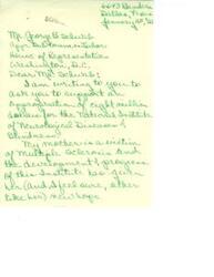 ["The document is a request for support for an appropriation of eight million dollars for the National Institute of Neurological Diseases & Blindness. The writer's mother is a victim of multiple sclerosis and has found hope through the Institute's developments. The writer asks for support as without proper funds, the Institute cannot grow."]