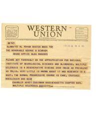 ["A telegram is sent to the Honorable George B Schwab requesting favorable action on an appropriation for the National Institute of Neurological Diseases and Blindness, specifically for research on Multiple Sclerosis. The telegram emphasizes the need for research on this degenerative disease, which is more prevalent than polio but poorly understood. It also describes the typical progression of the disease from cane to wheelchair to bed. The telegram is signed by Chandler Hovey, Chairman of the Massachusetts Chapter of the National Multiple Sclerosis Society."]