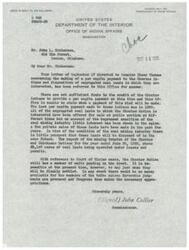 ["The letter from Commissioner John Collier to John L. Richerson addresses the issue of per capita payments to the Choctaw Indians and the disposition of segregated coal lands they are interested in. It states that there are not enough funds for a payment at the moment and that the coal lands have not been sold due to the depressed condition of the coal mining industry. The letter also mentions pending Court of Claims cases for the Choctaw Nation, with no money available for tribe members unless favorable judgments are obtained and Congress makes appropriations."]