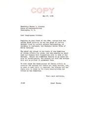 ["A response to Congressman Blanton regarding charges filed by individuals claiming to represent the Cherokee Indian Tribe of North Carolina. The galley proof of the charges is being studied by the Committee of Indian Affairs, and a decision on whether to proceed with an investigation will be made soon. The Commissioner of Indian Affairs has been asked to review the charges and provide a reply, after which final consideration and action will be taken by the Committee."]
