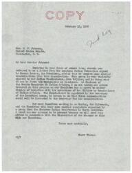["Senator Elmer Thomas received a letter from Honorable E. C. Johnson regarding communications from the American Indian Federation, which is opposed to Indian Commissioner John Collier. The Committee on Indian Affairs, of which Senator Thomas is Chairman, has no power to dismiss or interfere with Collier's operations. Similar complaints will be heard at the next Committee meeting and Senator Johnson's advice is requested. Senator Johnson forwarded a letter from the American Indian Federation to Senator Thomas for his reactions."]