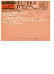 ["The text is a message sent via Western Union regarding the Oklahoma Indian Bill and its passage. The sender is requesting information on whether the bill passed and when it will become effective. The message was received in Tulsa, Oklahoma and is signed by John Hugh Chambers."]