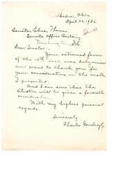["The letter is addressed to Senator Elmer Thomas from Charles Goodengly, thanking the Senator for his consideration in a matter that was presented. Goodengly expresses gratitude and hopes for a favorable outcome."]