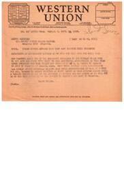 ["The text provides information on different classes of service offered by Western Union for sending telegrams, including full-rate, night, day, deferred, and cable messages. It also outlines the terms and conditions that apply to each type of service, including rates, delivery options, and liability limitations. The text also includes an example telegram regarding a job appointment and mentions that the sender should check the class of service desired to avoid being charged a full-rate communication."]