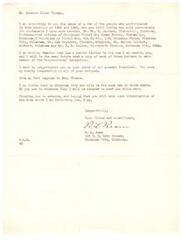 ["R.L. Ream is writing to Senator Elmer Thomas to submit names of people who participated in elections in 1902 and 1904 and can support his statements. He mentions writing a similar letter to Senator Josh Lee and plans to send copies to each member of the Congressional Delegation. Ream congratulates Thomas on his stance on the President and expresses willingness to cooperate. He also expresses interest in meeting Thomas if he is in Oklahoma City."]
