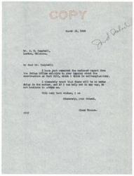 ["A letter from Senator Elmer Thomas to C.D. Campbell discussing the progress of an irrigation project at Fort Sill Indian School in Oklahoma. The Indian Office has authorized $9,000 for the project and construction is set to start soon. Senator Thomas is working to expedite the project and keep Campbell informed of any developments. Campbell had initially inquired about the project and expressed the importance of getting it started soon for the benefit of the school. Senator Thomas also reached out to Commissioner John Collier for updates on the project."]