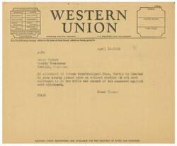 ["The text is a template for sending a telegram regarding the location of former vice president Chas. Curtis' allotment on tax rolls. It provides instructions on class of service desired and includes the sender's information and recipient's information. It also mentions the availability of Western Union messengers for delivery of notes and packages."]