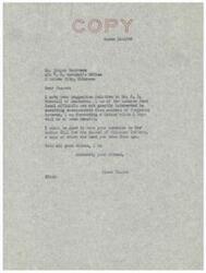 ["Jasper Saunkeah's is requesting a letter of recommendation from Senator Elmer Thomas for J.R. Turnbill of Anadarko, Oklahoma, for the position of District Game Ranger. Saunkeah's highlights Turnbill's qualifications and support for Senator Thomas and Governor Marland. Senator Thomas responds, expressing his opinion on endorsements and forwarding a letter regarding the Indian Bill for the relief of Oklahoma Indians."]