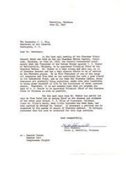 ["The document is a recommendation to the Secretary of the Interior to appoint W. W. Keeler as the Principal Chief of the Cherokee Nation. Keeler is described as a strong and able man of Cherokee descent who has a sincere desire to serve his people. The document emphasizes Keeler's qualifications and the need for strong leadership to improve the standard of living for the Cherokee people. It also mentions Keeler's previous experience as Vice Chief and acting Chief in the absence of T. H. Milan. The document is signed by Hill Stansell of Westville, Oklahoma and copies are sent to Senator Thomas, Senator Kerr, and Congressman Stigler."]