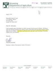 ["The document is a series of letters from the Governor of Wyoming, Jim Garinger, introducing Mr. Bill Bunce and Mr. Eric Palen, who are traveling to Mexico to establish ties with the agricultural community in different states. The documents invite the Governors of Durango and Coahuila to visit Wyoming to strengthen economic and cultural ties between the two states. The documents emphasize the potential benefits of collaboration and exchange of information for both economies."]