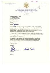 ["The document is a thank you letter from Robert F. Smith, the Chairman of the House Committee on Agriculture, to Ambassador James R. Jones for hosting a breakfast and reception during a recent trip to Mexico. Smith expresses appreciation for the valuable insight gained on agriculture trade issues between Mexico and the United States and looks forward to continuing dialogue and working together in the future."]