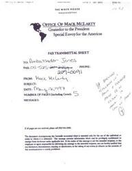 ["The document is a fax transmittal sheet from Mack McLarty, Counselor to the President and Special Envoy for the Americas, to Ambassador James R. Jones regarding an American jailed in Tijuana. The fax includes a message from Calvin D. Biggers, who is seeking help for his friend David Busch, who is in prison in Mexico. The document also includes a news article about Busch's situation in the Mexican prison."]