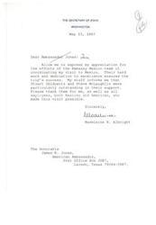 ["The Secretary of State, Madeline K. Albright, writes a letter to Ambassador James R. Jones thanking him for the efforts of the Embassy Mexico team in coordinating her visit to Mexico. She specifically mentions Stuart Seldowitz and Steve McLaughlin for their outstanding support. She expresses her appreciation for the hard work and dedication of all employees involved in making the trip a success."]