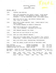 ["Ambassador Jones has a busy schedule on Friday, May 10, including meetings with various individuals and groups such as students from Bethel College and Mennonite Central Committee, representatives from Conoco Mexico and Ellis Services, as well as professionals from Bell Atlantic. The day will end with hosting the annual silent auction at the residence. Contact information for duty officers and the embassy is also provided."]