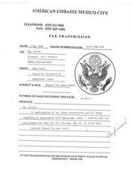 ["The document includes a fax transmission confirming an appointment with Ambassador Jones on May 23 at 12:00 noon, a request for a meeting with Ambassador James Jones from Enova Corporation, a visit schedule for DAS Jennifer Ward to Mexico City on May 23-24, 1996, and a list of meetings and events during her visit."]