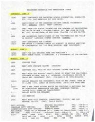 ["The projected schedule for Ambassador Jones includes various events and meetings in Mexico City from June 8 to June 10, including attending the American Society Annual Friendship Fair, seminars, meetings with officials, and a reception for Portugal's National Day. The schedule also includes details about transportation, duty officers, and a request to meet with a visitor from Oklahoma State University regarding a deal to sell cattle to Mexican cattlemen."]