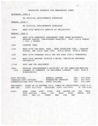 ["Ambassador Jones has a projected schedule with no official appointments on July 6 and 7. On July 8, he has several meetings scheduled, including one with the Democracy Assessment Team and Ward Petroleum Corporation. The team aims to discuss Mexico's democratic reforms and initiatives, while the corporation is interested in joint ventures in energy projects. Additionally, Lew Ward will be leading a group of business people to Mexico City to meet with Ambassador Jones on July 8."]