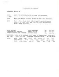["The document outlines the Ambassador's schedule for Thursday, August 8, including meetings with individuals such as Patricia Chavez de Luna and Manuel Gilardi. There are also contact numbers provided for duty officers and other officials. Additionally, there is a request for an interview with the Ambassador from Manuel Gilardi for Barron's and a request for an appointment with Ambassador Pedro Haas from Koch Industries."]