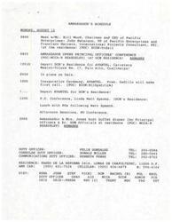 ["The Ambassador has a busy schedule on Monday, August 12, including meetings with representatives of Pacific Enterprises and attending the inauguration ceremony at AVANTEL. The document also emphasizes the need for United States Embassies and Consulates to focus on core competencies and prioritize tasks due to budget cuts and reduced staffing. The importance of getting things done in foreign environments to advance United States interests is highlighted, and a shift towards more focused and effective use of resources is advocated."]
