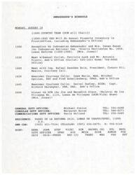 ["The document is the schedule for the Ambassador on August 19, including meetings, receptions, and dinner plans. There are also details about duty officers, contact information for various departments, and a request for a meeting with the President of Conoco Mexico Ltd. There are also notes about appointments with newcomers and a request for a meeting to present the Ambassador with photographs."]