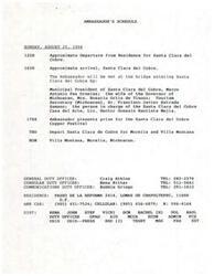 ["The document outlines the schedule and activities of an ambassador during a visit to Santa Clara del Cobre, Michoacan for the Copper Festival. The ambassador will present a prize at the festival and make various official visits. The document also includes information about hotel reservations, contact numbers, and gifts for the trip. The ambassador delivers a speech praising the artisan tradition of hammered copper and its contribution to Michoacan and Mexican culture. The document also includes an invitation to the festival and details about the organizing committee."]