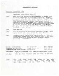["The Ambassador's schedule for Thursday, August 29, 1996 includes a meeting with Jose Serrano and Board Members of Kansas City Southern Industries regarding railroad acquisition, an OPAD meeting, dropping by a reception for the Paraguayan Ambassador, and attending an exhibition inauguration. The document also includes duty officer contact information and correspondence regarding a dinner invitation from Jose Serrano. Additionally, there is information about the attendees of the meeting with the Ambassador and details on the delay of the Chihuahua-Pacifico railroad privatization."]