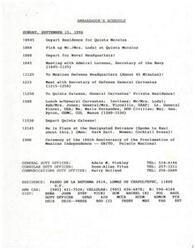 ["The document outlines the detailed schedule of the Ambassador and Mr. Local in Mexico City from September 13-16, 1996. It includes various meetings, tours, meals, and events such as the GRITO ceremony to celebrate Mexican Independence. The schedule also includes contact information for duty officers and logistical details for the visit."]