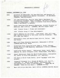 ["The Ambassador's schedule for Tuesday, September 24, 1996 includes various meetings and events such as breakfast with sponsors of a golf tournament, a press interview, lunch with Fausto Zapata, and the Inaugural Ceremony at IDENTIMEX '96. There are also background press interviews scheduled and a reception in the evening. The Ambassador will be participating in the opening of the trade show and conference for the automatic data collection industry. Additionally, there are requests for background interviews from TIME magazine and NewsLink."]