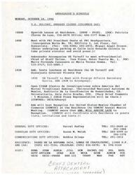 ["The Ambassador has a busy schedule on Monday, October 14, 1996, including a Spanish lesson, meetings with various officials, hosting a luncheon and a reception, and speaking at a conference. The schedule also includes contact information for duty officers and details about the Ambassador's residence and car. Additionally, there are requests for the Ambassador to deliver remarks at a conference and to host a reception for the United States-Mexico Chamber of Commerce."]