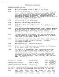 ["The Ambassador has a busy schedule on Tuesday, October 15, 1996, including a military ceremony, meetings with EPA officials, lunch with project representatives, and various other appointments. There are also plans for a dinner and a drop-by event later in the evening. Additionally, there is a request for a meeting with Staffdel Depart/Peckham on Wednesday, October 16."]