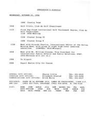 ["The Ambassador's schedule for Wednesday, October 23, 1996 includes meetings with the Country Team, a golf clinic, and the Ray Floyd Invitational Golf Tournament. He also has meetings with news executives and AT&T representatives. There are also details about duty officers and contact information provided. Additionally, there are requests for a meeting with the Ambassador from AT&T regarding telecommunications strategies."]