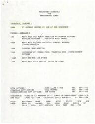 ["The document outlines the projected schedule for Ambassador Jones on January 4 and 5, including meetings, interviews, and retreats. It also includes details about the Country Team Retreat and a proposed guest speaker. Additionally, there is a memo regarding a telephone call from Jim Bryant regarding a discussion about AMEX on January 3."]