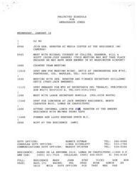 ["Ambassador Jones has a busy schedule on Wednesday, January 10, including a media coffee with Senator Bensten, meetings with various officials, a lunch with Senator Bensten and Finance Secretary Guillermo Ortiz, and a reception at the residence in the evening. The schedule also includes contact information for duty officers and details about the ambassador's car and residence. Additionally, there is information about Senator Bensten's itinerary for January 8-10, which includes meetings with various officials and events such as a NORAM luncheon and cocktails in his honor. There are also details about a proposed breakfast with Mexican media representatives and Senator Bensten to discuss the United States election year and reinforce confidence in Mexico."]