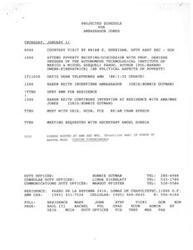["The projected schedule for Ambassador Jones on January 11 includes various meetings and events, such as a courtesy visit, a poverty briefing, interviews, meetings with various officials, and a dinner hosted by the Brazilian Ambassador. Additionally, the schedule includes contact information for duty officers and details of a delegation led by Mr. Brian E. Sheridan, Deputy Assistant Secretary of Defense for Drug Enforcement Policy and Support, visiting Mexico City. The document also includes briefing remarks for the poverty briefing scheduled for January 11, with suggested talking points and discussion topics."]