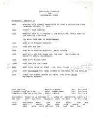 ["The document outlines Ambassador Jones' schedule for Wednesday, January 17, including meetings with various individuals and organizations related to political and economic matters in Mexico. It also mentions a meeting with former Ambassador Ed Corr and his delegation from Oklahoma University. Additionally, there is a mention of a training program for PEMEX executives led by a consortium including the University of Oklahoma."]