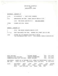 ["Ambassador Jones has a scheduled trip to Acapulco on January 27, where he will stay at the Acapulco Princess Hotel. Upon returning to Mexico City on the same day, he will have dinner with Tom Boggs. The following day, on January 28, he will attend a briefing with UN Undersecretary Marrick Goulding regarding the Guatemalan peace talks. There is also a mention of potential hotel options for the trip to Acapulco and details about the meeting with Goulding."]